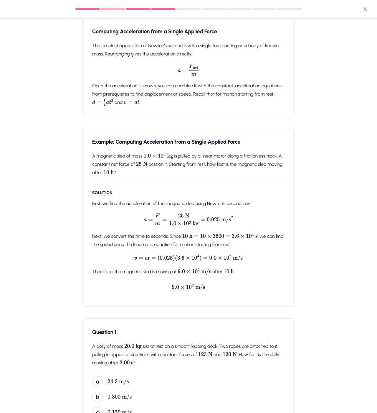Screenshot of a lesson session showing a worked physics problem and a multiple-choice question